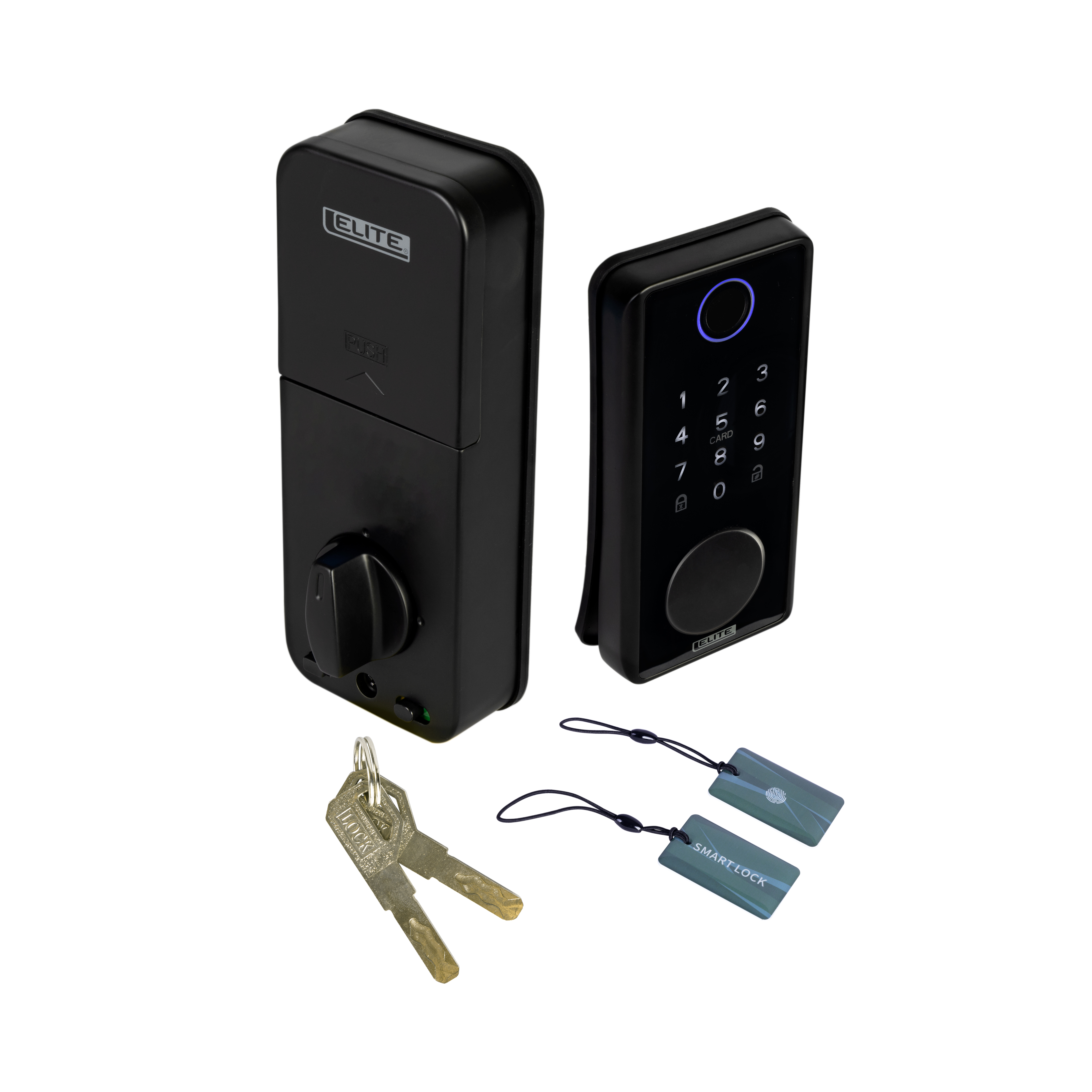 Cerradura inteligente ELITE de fácil instalación para puertas de hasta 8cm de ancho. 5 métodos de apertura: huella, aplicación (wifi), tarjeta, contraseña y llave. SL5000
